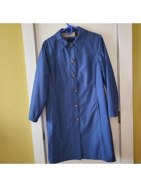 Lands' End women's blue button-front trench coat VTG 2 side pockets M (10-12)